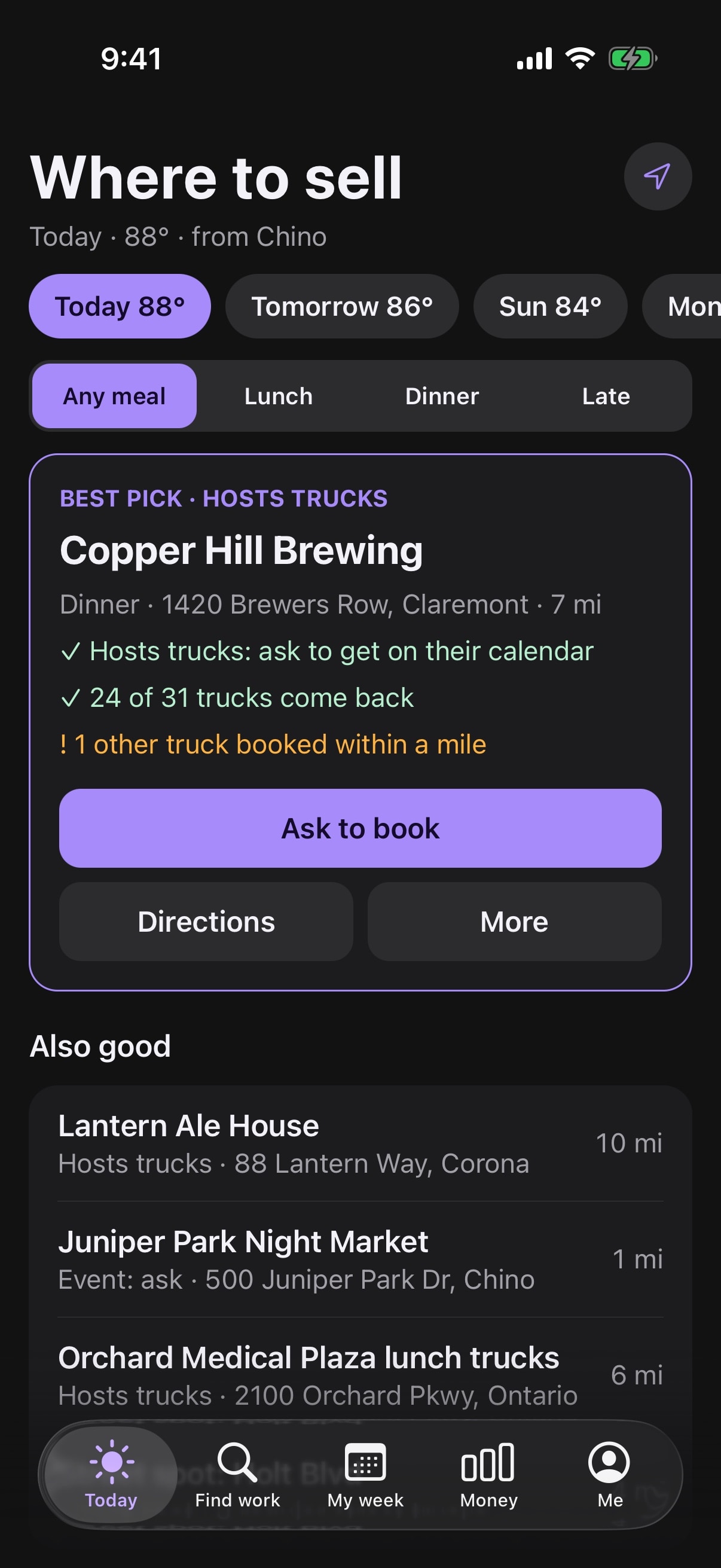 La pantalla Hoy de VendorBook: una cervecería que recibe trucks es la mejor opción, a 7 millas